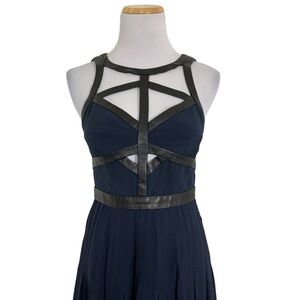 Rebecca Taylor Silk Chiffon Leather Caged Bodice Long Dress Gown Size 0 Navy